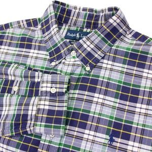 VTG Polo Ralph Lauren Mens L Blue Plaid Oxford Custom Fit LS‎ Button Front Shirt